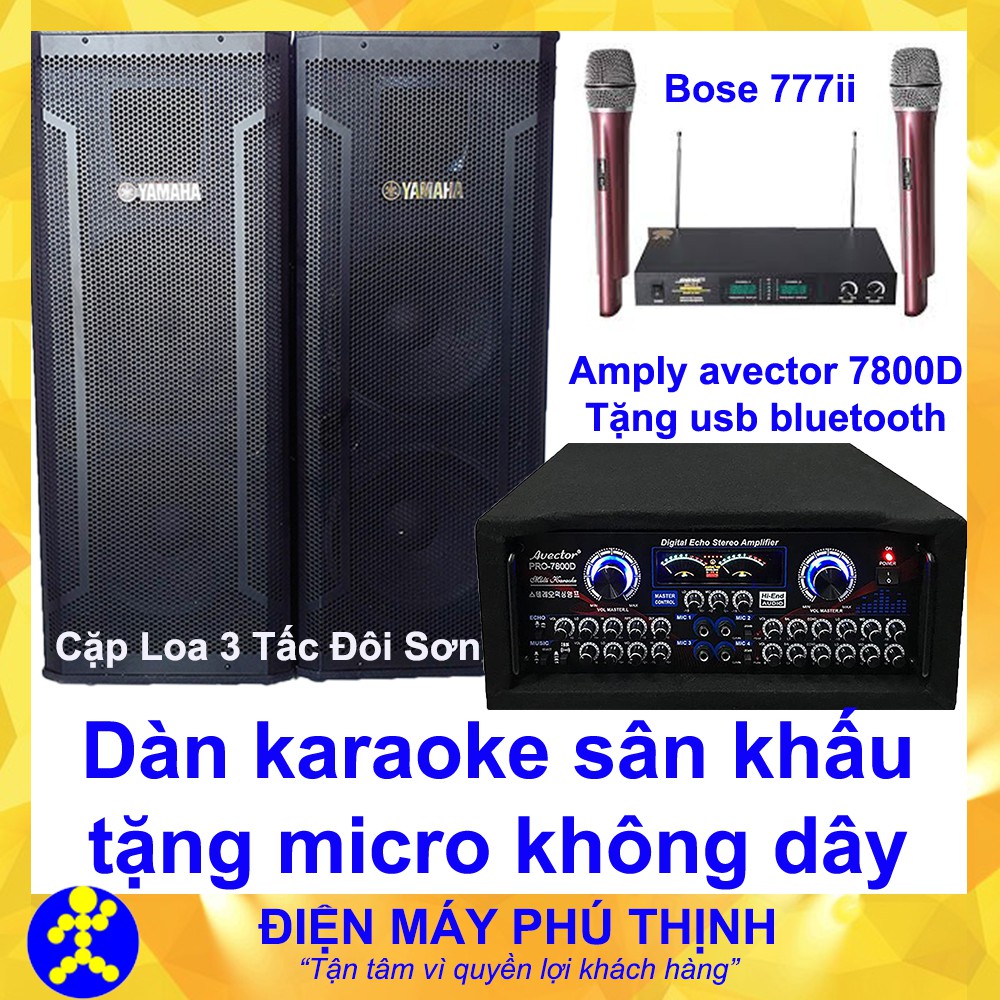 Dàn karaoke cặp loa 3 tấc đôi sơn YH amply avector 7800 micro không dây bs777ii tặng usb bluetooth 10m dây loa