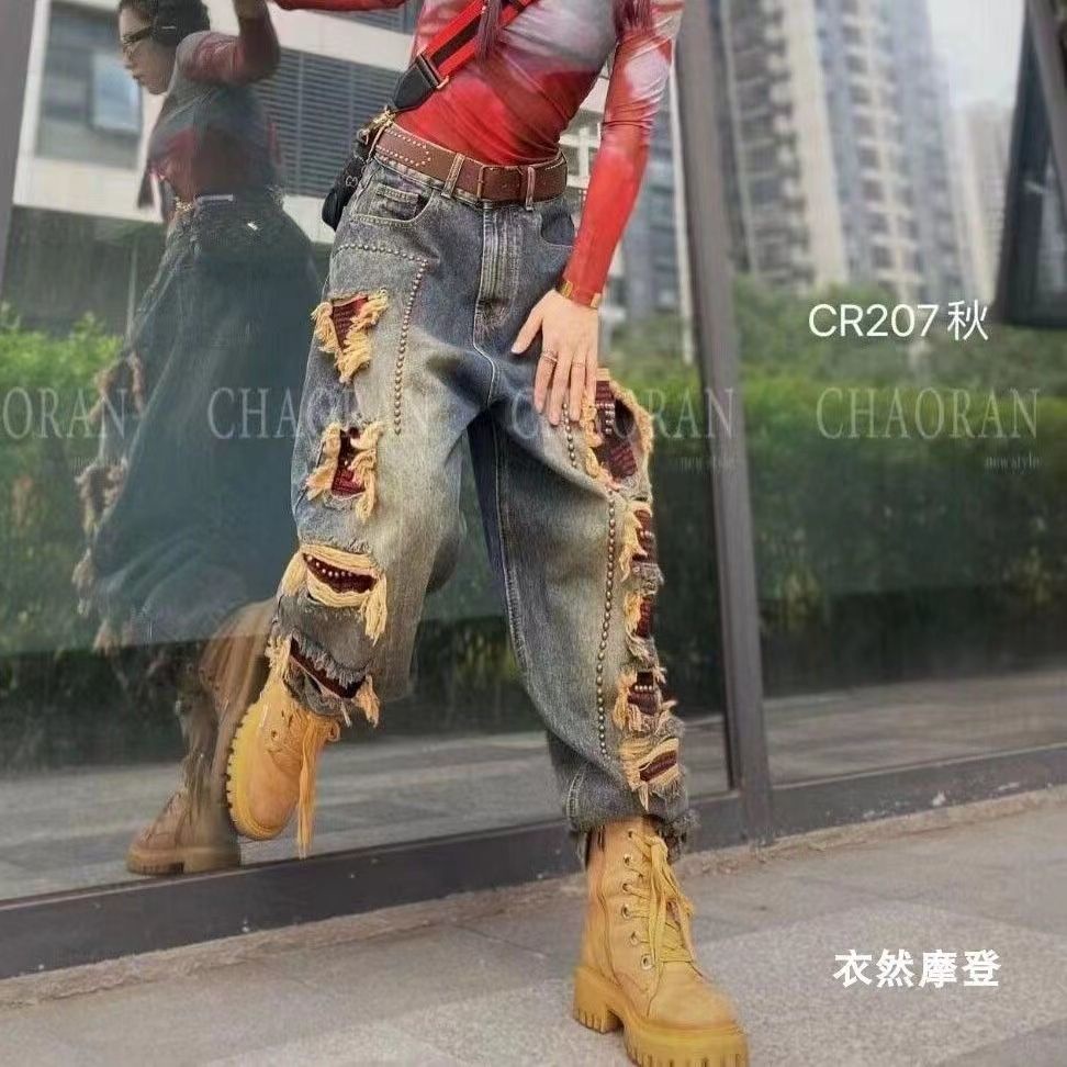 Quần Jean Nữ Lưng Cao Đính Hạt Cườm Phong Cách Châu Âu Thời Trang