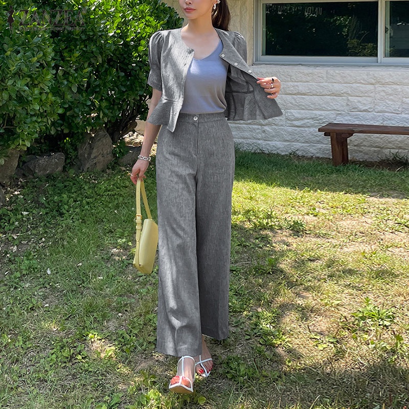 Zanzea Bộ Áo Ngắn Tay Cổ Tròn Phối Bèo + Quần Dài Lưng Thun Ống Đứng Thời Trang Cho Nữ