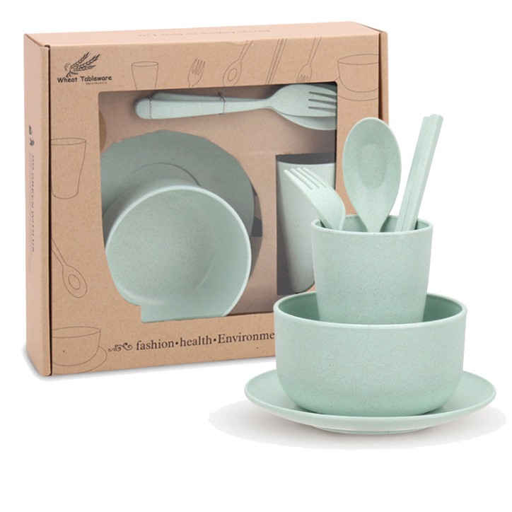 Hộp bát đĩa thìa đũa cá nhân 6 món lúa mì LM02 tặng 01 miếng xơ mướp rửa bát