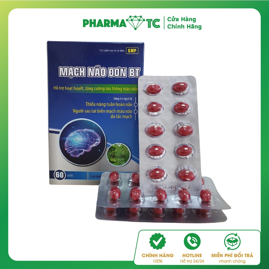 Viên uống tuần hoàn não hoạt huyết dưỡng não, Mạch Não Đơn BT, Ginkgo biloba 120mg - Hộp 60 viên - PharmaOTC