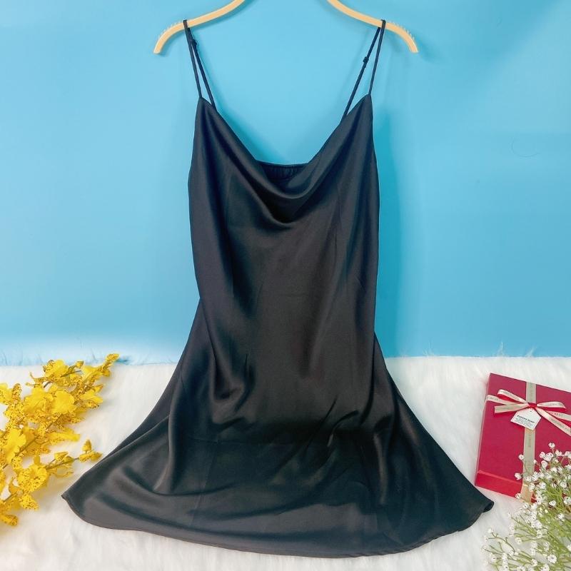 Váy Ngủ Hai Dây Nữ VILADY chất liệu Lụa Pháp Cao Cấp Thiết Kế Cổ Đổ Sang Chảnh, Quyến Rũ Màu Đen huyền bí - V118