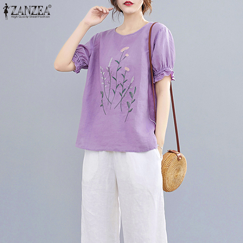 Áo kiểu ZANZEA vải cotton tay ngắn màu trơn thêu hoa phong cách học đường đơn giản thời trang nữ