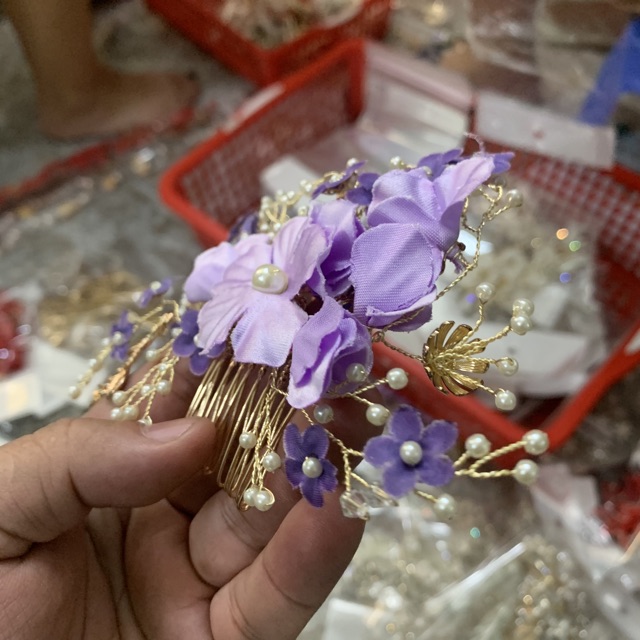 Cài tóc cô dâu hoa tím hạt trai sp002793