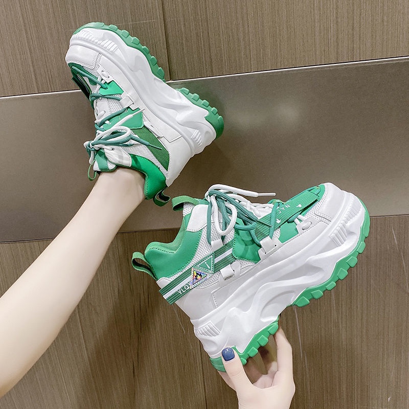 Giày Thể Thao Đế Dày 10cm Màu Xanh Lá Cây Thoáng Khí Phong Cách Châu Âu Cho Nữ