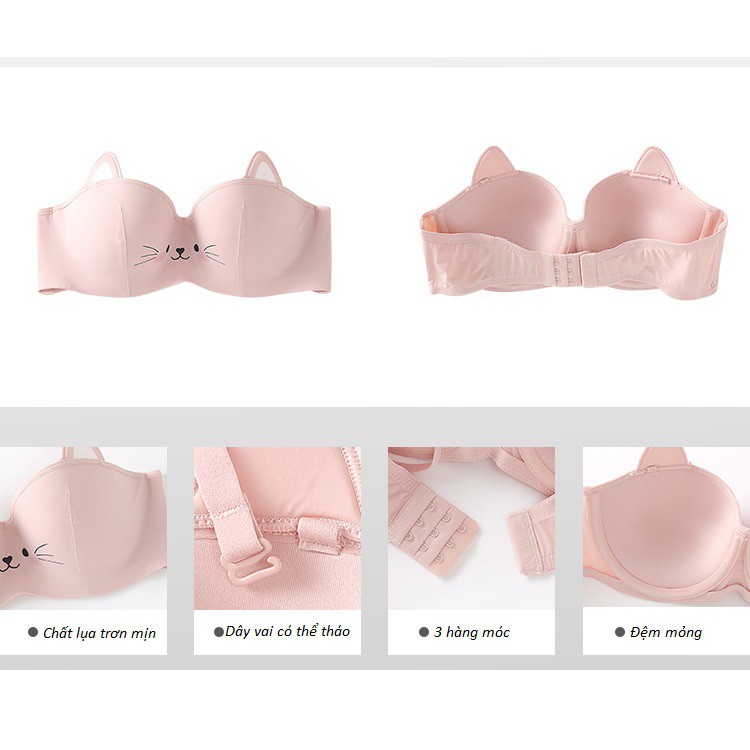 Áo Lót Lụa Có Gọng Đệm Mỏng Mềm Mịn Hình Mèo Dễ Thương B405