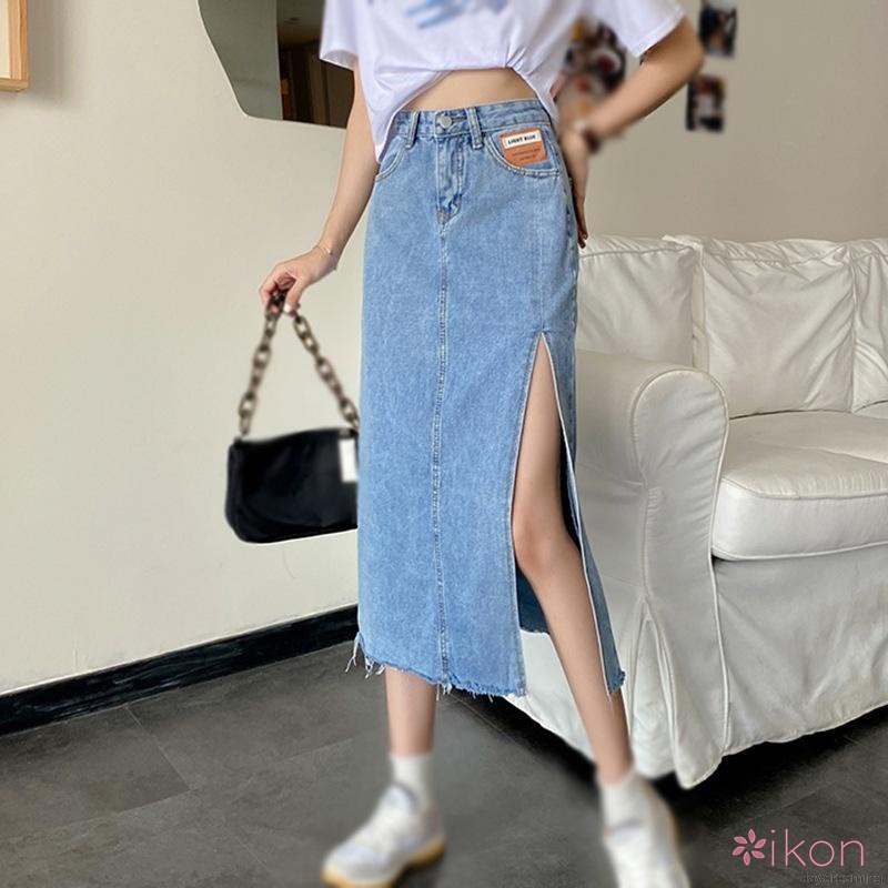 Chân váy jean Lưng Cao Xẻ Tà Phong Cách Vintage