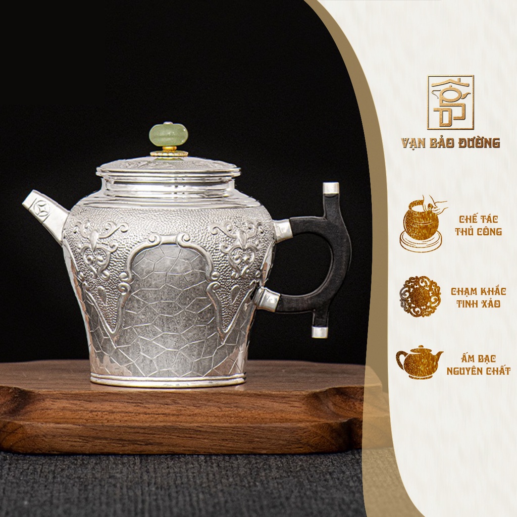 Ấm bạc băng rạn Phú Quý nắp ngọc phối quai ấm gỗ đàn hương Vạn Bảo Đường - VBD046