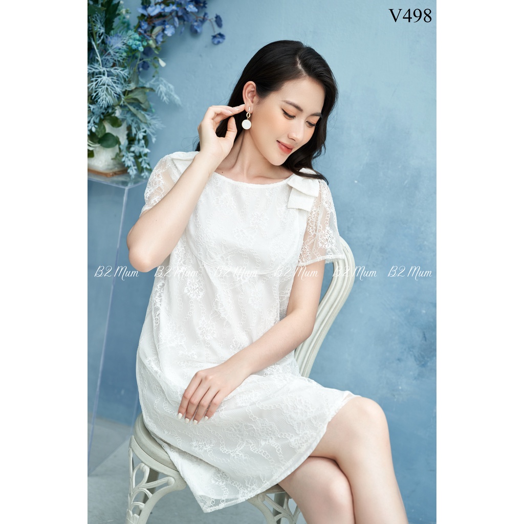 Váy bầu ren nơ vai trắng B2 Mum V498
