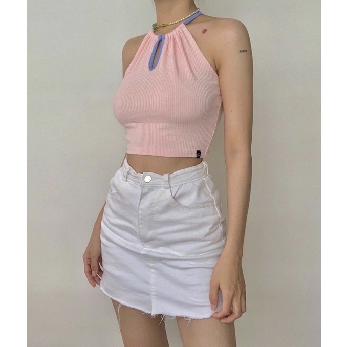 Áo croptop cổ yếm thắt nơ kiểu MIDI chất gân tăm phối màu cực xinh