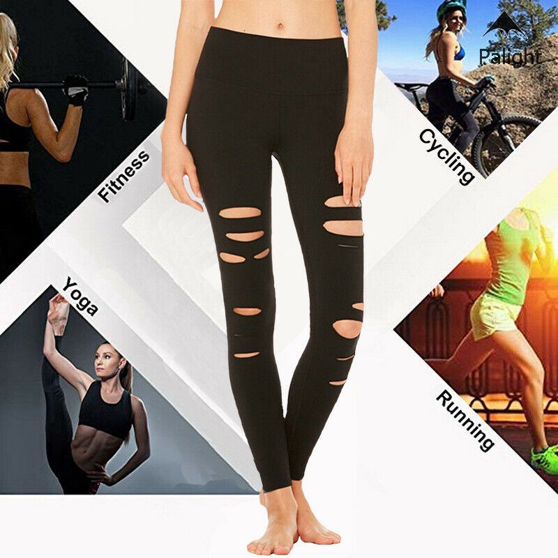 Quần Legging Thể Thao Lưng Cao Thiết Kế Rách Cá Tính Cho Nữ