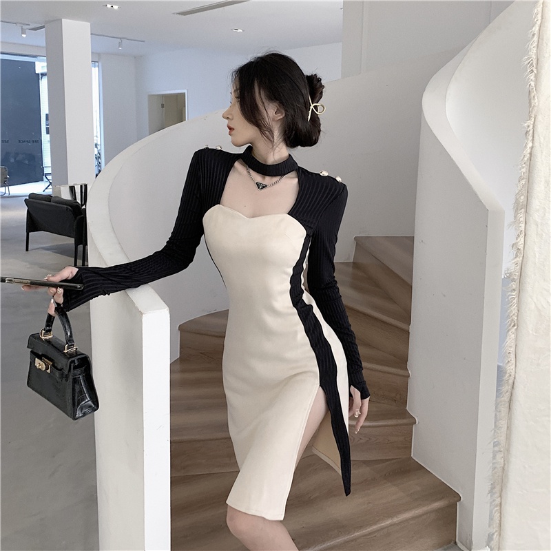 Đầm tay dài xẻ tà màu sắc thời trang thu đông phong cách Trung Quốc