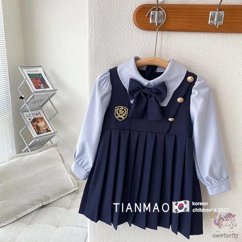 Bộ Áo Sơ Mi Đính Nơ + Chân Váy Xếp Ly Phong Cách Hàn Quốc Thời Trang Mùa Thu Cho Bé Gái