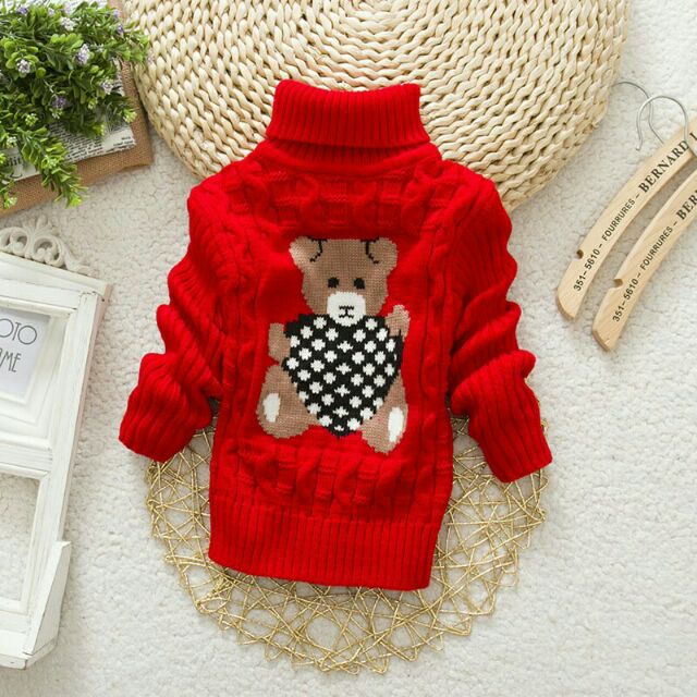 Áo len cổ lọ in gấu màu đỏ 9-15kg