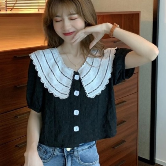 【ZHELIHANGFEI】Áo Sơ Mi Tay Phồng Ngắn Cổ Búp Bê Phối Ren Lưng Cao Dễ Thương