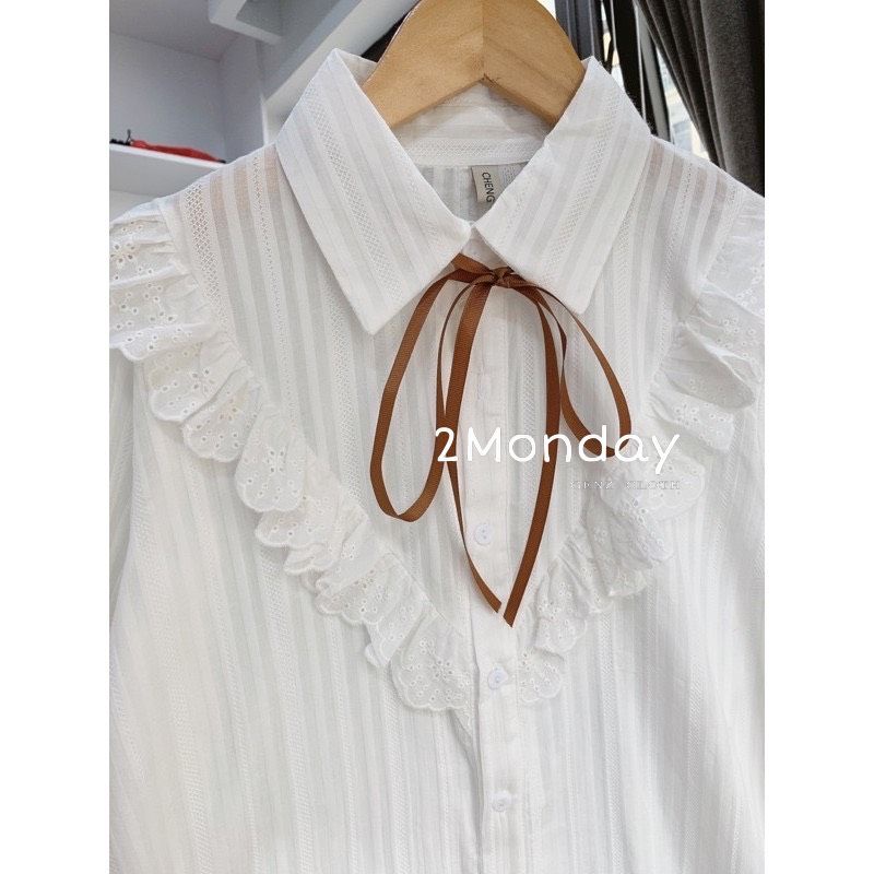 [Ảnh thật] Áo sơ mi tiểu thư ren tay nơ nâu siêu xinh