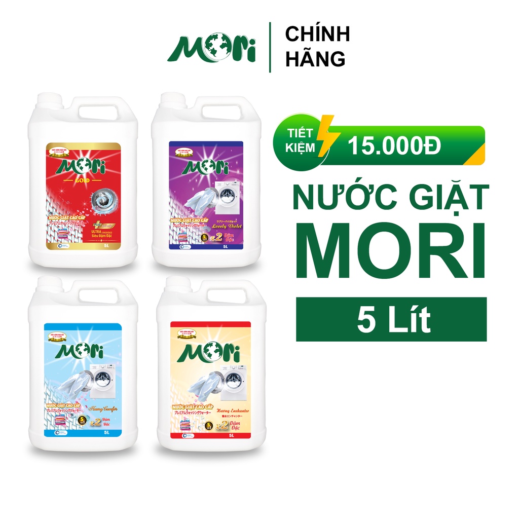 Nước giặt thơm Mori can 5Lit Lưu hương - Hương Comfor, Hương Lovely, Hương Enchanter, Hương đặc biệt Gold