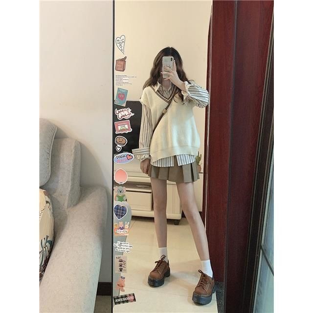 Áo dệt kim ZHELIHANGFEI không tay dáng rộng phong cách thời trang Nhật Bản