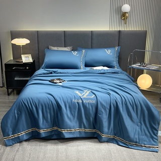 Sét 4 món chăn ga lụa LV cao cấp, Bộ chăn ga gối chất phi lụa mềm mịn sang trọng