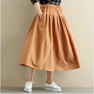  [Vintage] Chân váy vintage midi linen chữ A màu vàng bò mã CV05