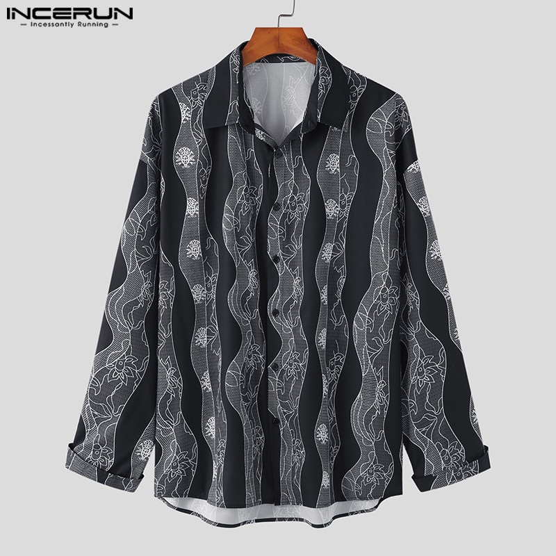 INCERUN Áo Sơ Mi Nam Dài Tay Cài Nút In Hoa Kiểu Retro Trẻ Trung
