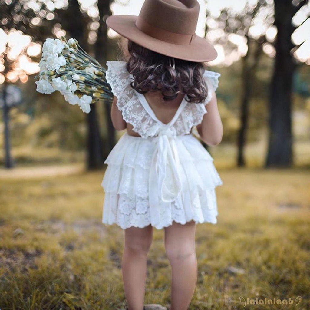 LAA6-Toddler Summer Lace Square Neck Ruffled-Sleeve Backless Jumpsuit for Baby Girls, 0-24 Months