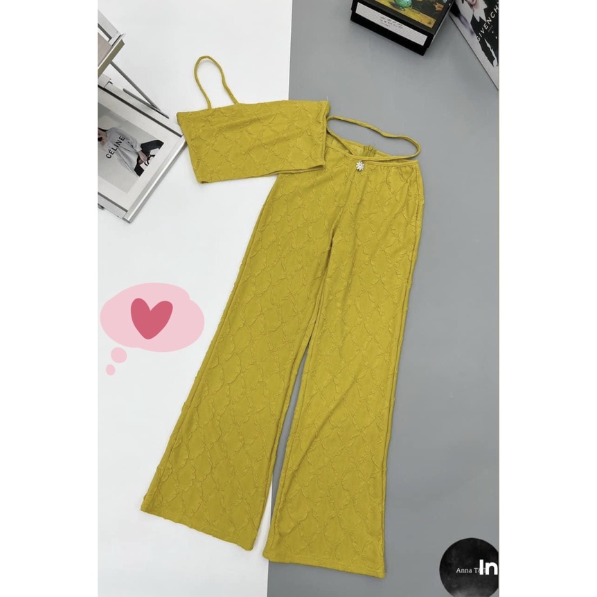 Sét đồ bộ nữ gân nổi 3 màu sang trọng áo dây chéo kèm quần tôn dáng cá tính