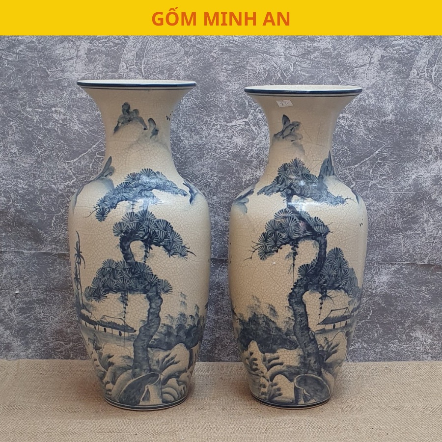 Tiểu lục bình men rạn vẽ cảnh sơn thủy gốm Minh AN Bát Tràng cao 46cm cắm đào, mai, trang trí Tết