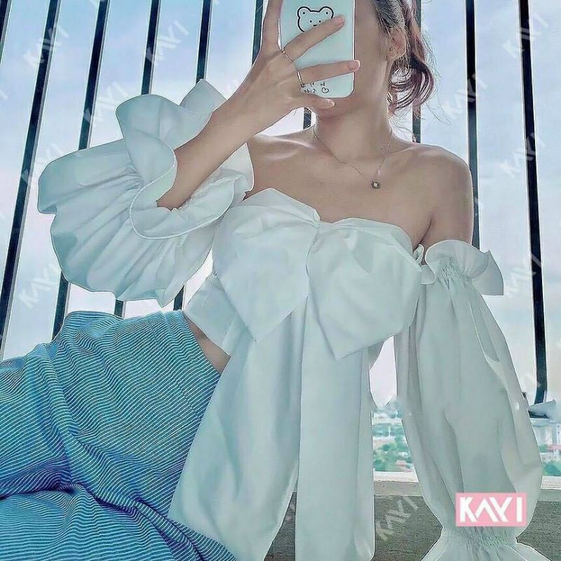 Áo Croptop cổ vuông cột nơ eo điệu đà - Áo kiểu nữ Croptop | BigBuy360 - bigbuy360.vn