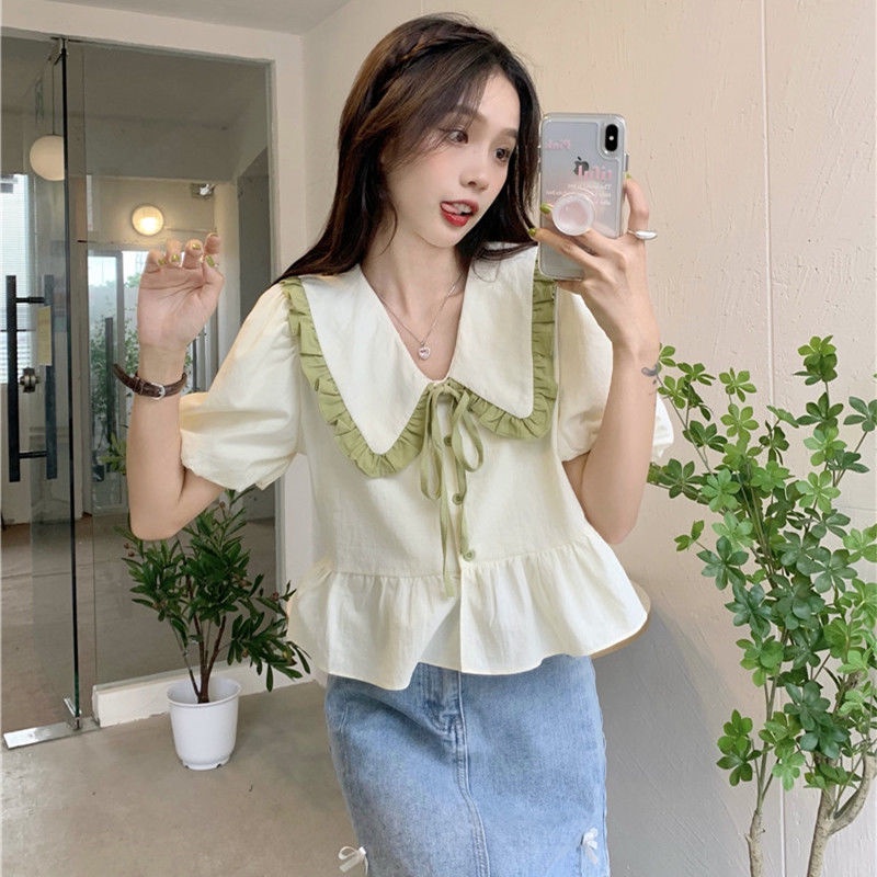 COZOK Áo Sơ Mi Ngắn Tay Cổ Búp Bê Đính Nơ Phối Màu Tương Phản Thời Trang