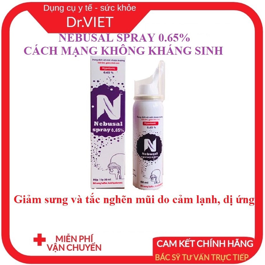 Nebusal spray 0,65%_ Dung dịch nước muối biển xịt mũi làm sạch, giảm nghẹt, giảm sưng, giữ ẩm mũi người lớn và trẻ em