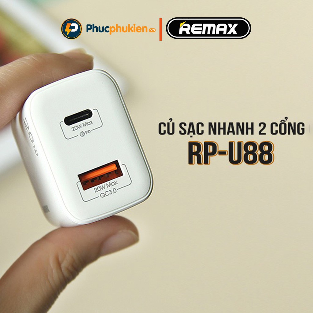 Củ sạc nhanh iPhone 20w chính hãng Remax U88 2 cổng sạc nhanh PD3.0 và QC3.0 sạc đầy 50% pin trong 30 phút Phúc Phụ Kiện