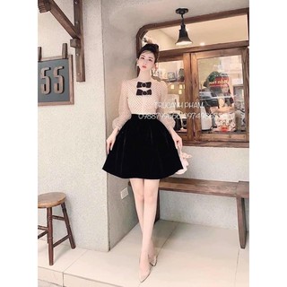 Đầm xoè nhung phối nơ