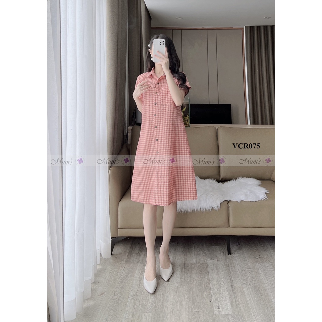 ĐẦM BẦU CÔNG SỞ MUM'S SHOP  FREESHIP  Váy bầu xinh mùa hè kẻ caro cam cổ đức