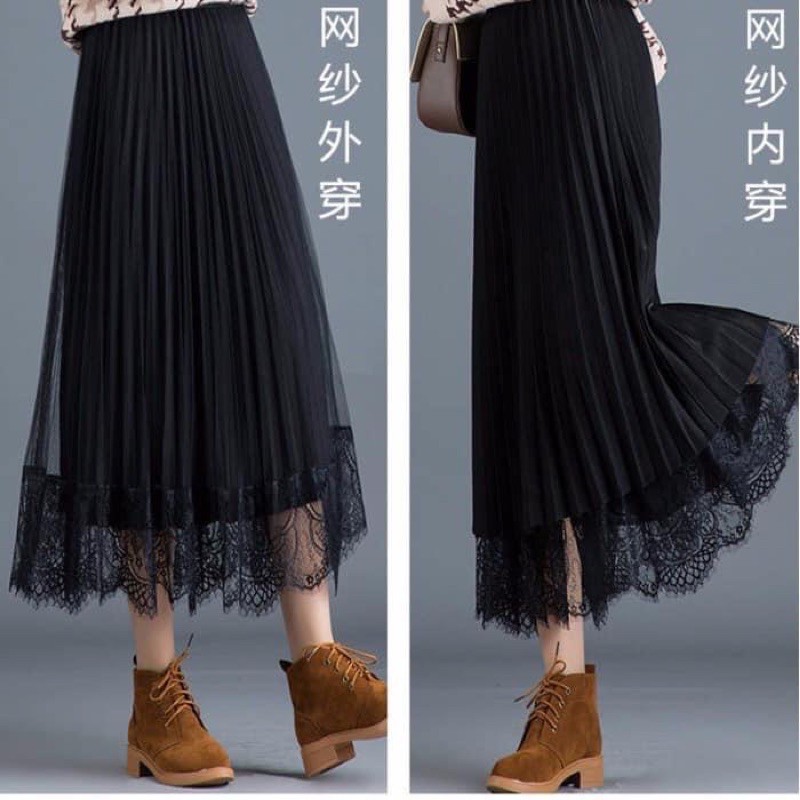 CHÂN VÁY XẾP LY PHỐI REN DÁNG DÀI | BigBuy360 - bigbuy360.vn