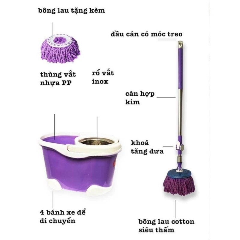 Bộ thùng lau nhà thông minh xoay 360 độ lồng inox cao cấp