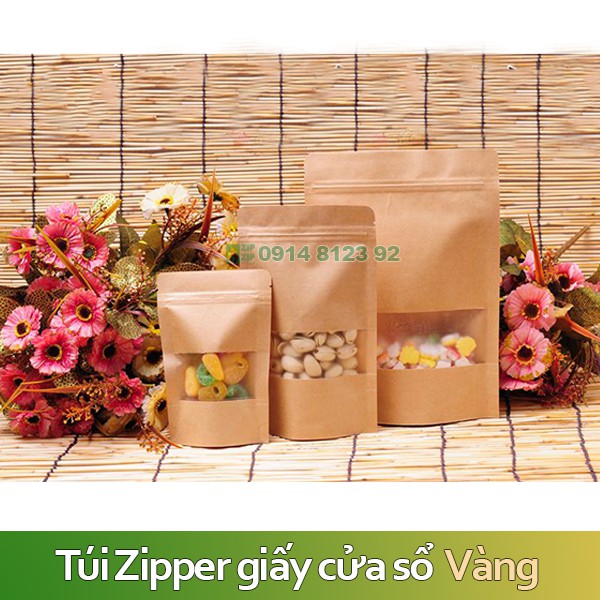 Túi zipper giấy karft cửa sổ Vàng