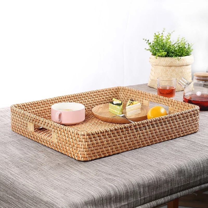 Khay mây tre đan xuất khẩu THE BAMBOO khay trà bánh đựng đồ trang trí decor bàn ăn