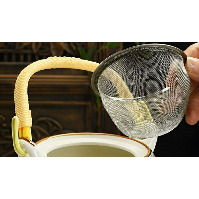 Bộ ấm chén uống trà có lõi lọc hoạ tiết hoa nhí xanh dương độc đáo