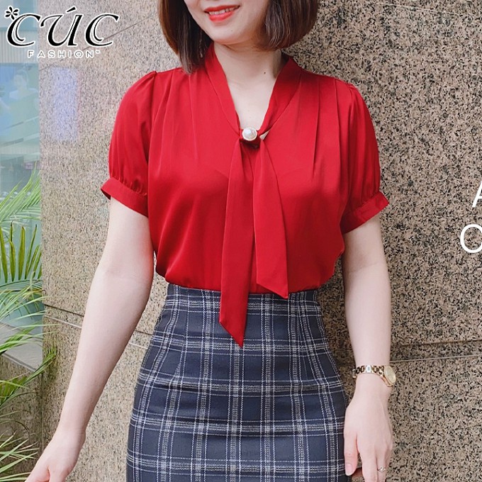 Áo sơ mi nữ Dáng Công Sở cao cấp đẹp Cúc Fashion A143 somi cộc cổ nơ luồn