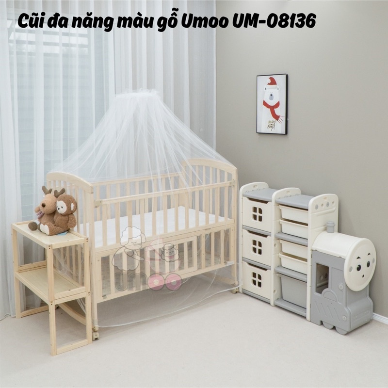 Nôi cũi gỗ đa năng sơn trắng umoo um-08137, nôi cũi gỗ đa năng không sơn umoo um-08136 cho bé sơ sinh đến lớn