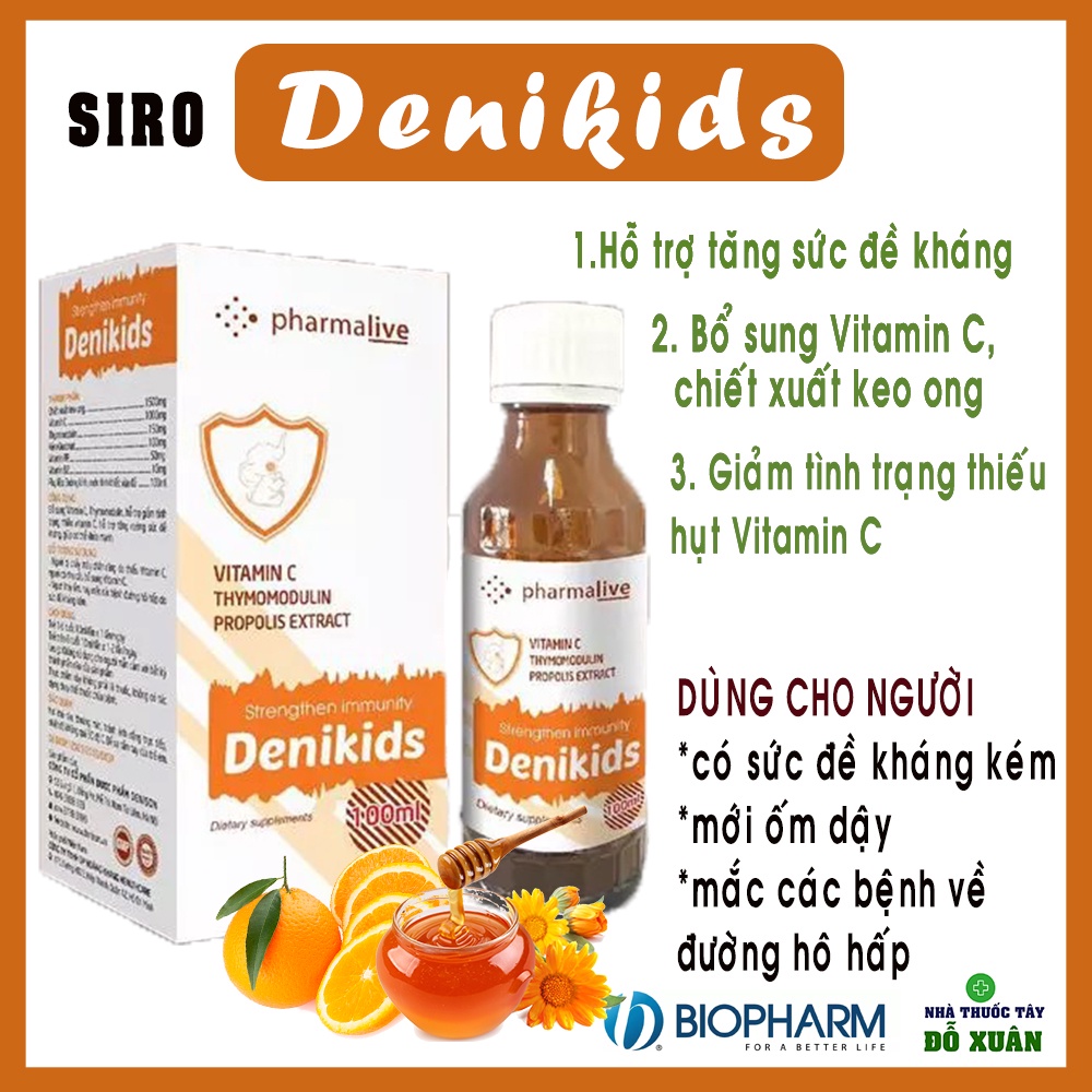 Siro Denikids hỗ trợ tăng cường sức đề kháng, thiếu hụt vitamin C ở trẻ em&người lớn (Chai 100ml)