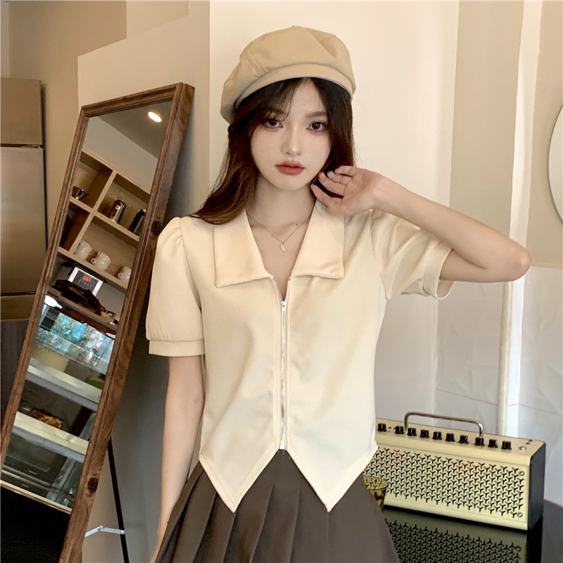 【ZHELIHANGFEI】 Áo Cardigan Dệt Kim Ngắn Tay Cổ POLO Phối Khóa Kéo Cá Tính