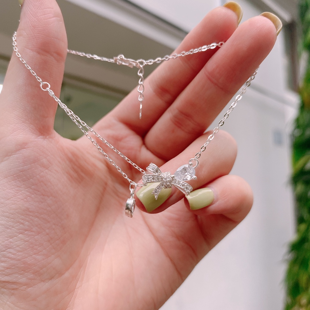 Vòng Tay, Lắc Chân Bạc S925 CaoBac Silver Họa Tiết Nơ Đính Đá Lấp Lánh Cạnh Hai Sợi Ổ Đá Rơ Phong Cách Nhẹ Nhàng Cho Nữ