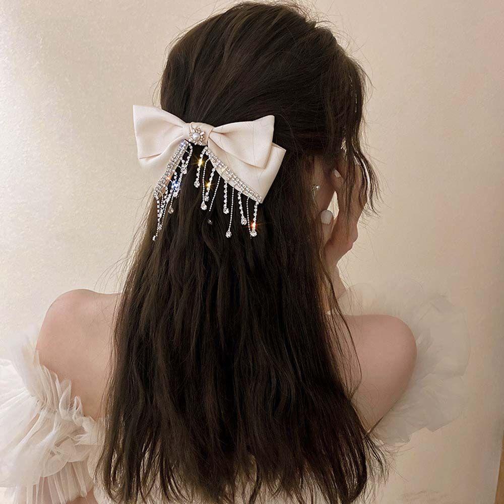Kẹp Tóc Nơ Tua Rua Bằng Lụa Màu Đen/Hồng Đính Ngọc Trai Giả Dành Cho Nữ