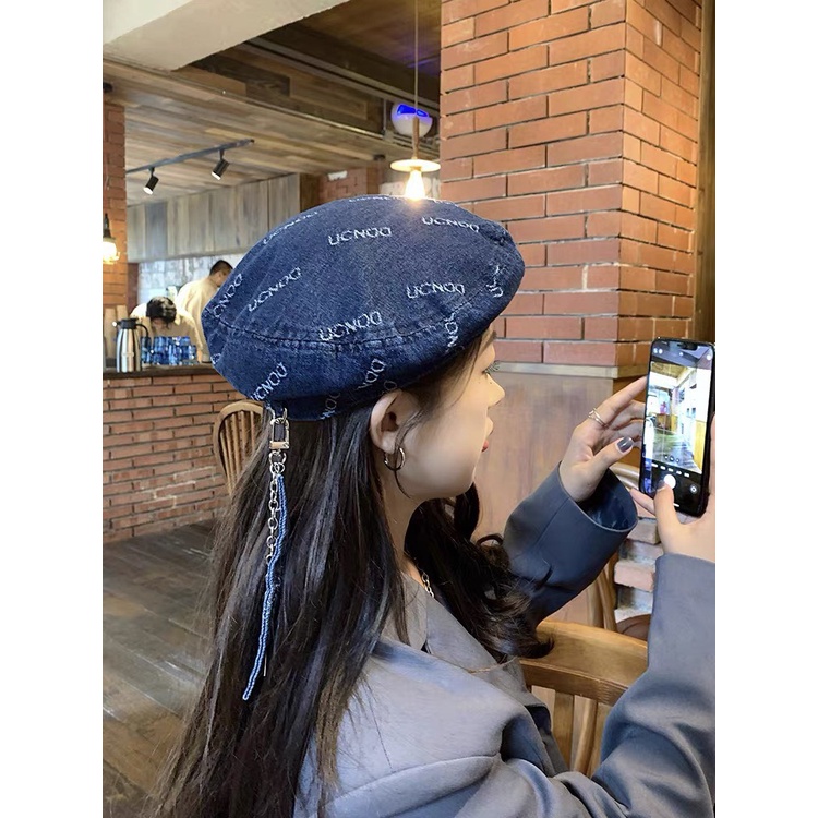 [Mã FAMARAL1 giảm 10K đơn 50K](Hot Tik Tok)Mũ nồi denim dây xích có thể tháo rời phong cách hàn quốc