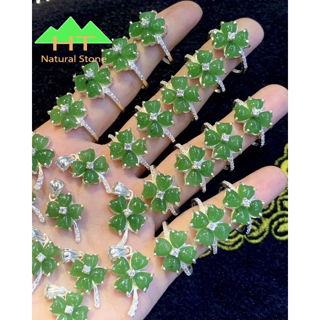 Bộ nhẫn bạc và mặt dây chuyền cỏ tim 4 lá may mắn các loại đá phong thủy dịu dàng nữ tính