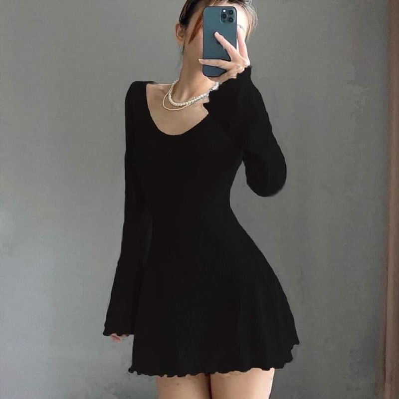 [HOT- Ảnh Thật] (Bigsize 55-95kg) Đầm body sexy tay dài ôm thun gan màu đen cá tính, Đầm body dáng xoè tay loe đen | BigBuy360 - bigbuy360.vn