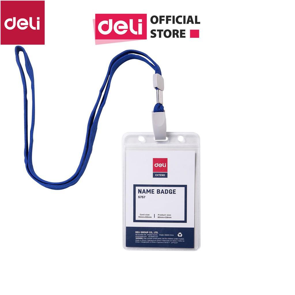 Bảng tên 68×95mm Deli, trong suốt, dây đeo màu xanh nước biển - 1 chiếc - E5757