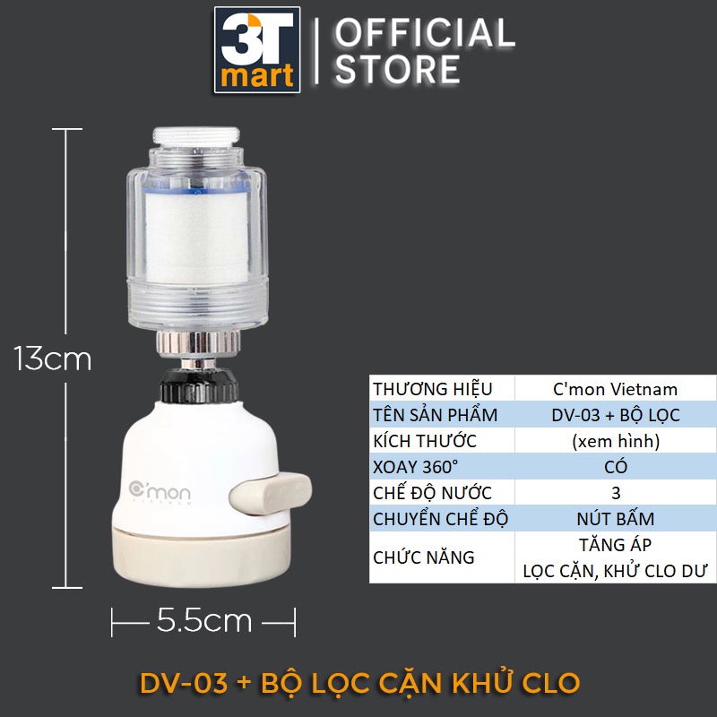 Đầu vòi rửa bát chén tăng áp LỌC CẶN KHỬ CLO DƯ điều hướng xoay 360 độ C'MON DV-03L